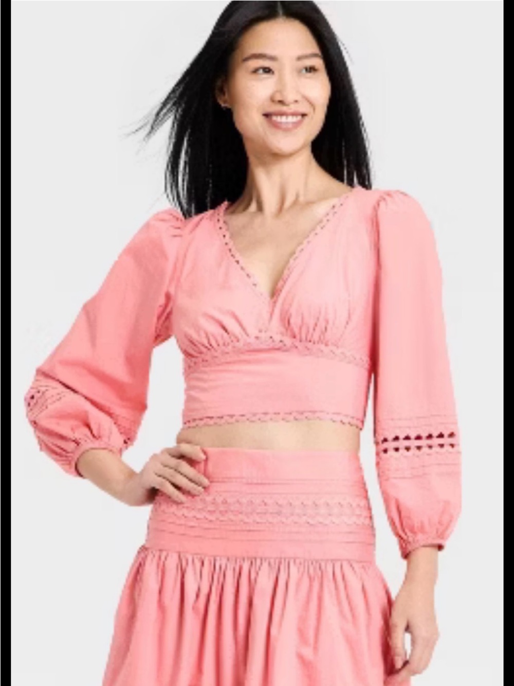 a new day Pink Eyelet V-Neck Cropped Peasant Top